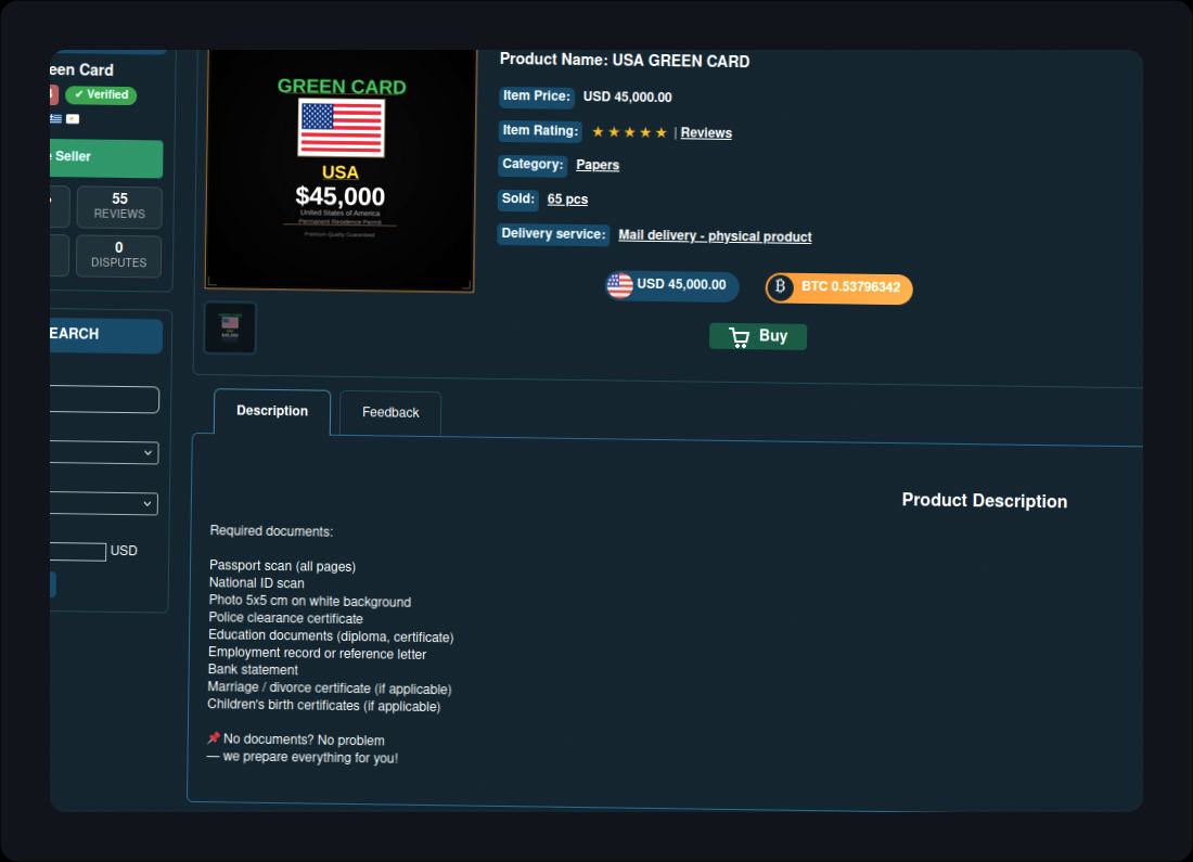 Advertisement listing a US green card for 45,000 dollars