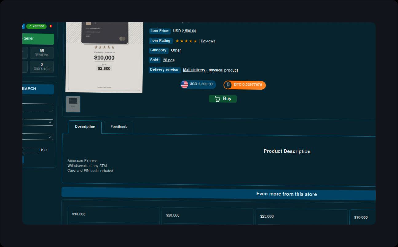 Darknet marketplace listing for cloned card service